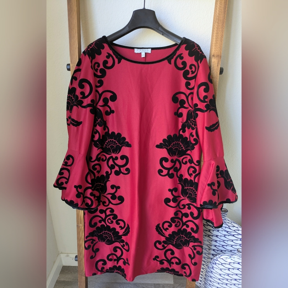 Chause Red and Black Floral Application Midi Dress With Spanish Sleeves - Size L